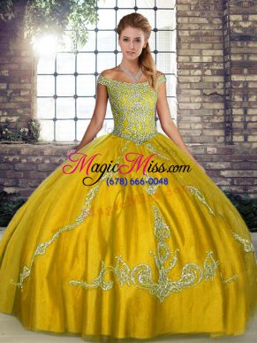 Beautiful Gold Off The Shoulder Neckline Beading and Embroidery Quinceanera Dress Sleeveless Lace Up