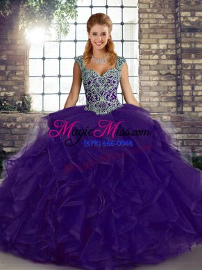 Purple Tulle Lace Up Quinceanera Gown Sleeveless Floor Length Beading and Ruffles