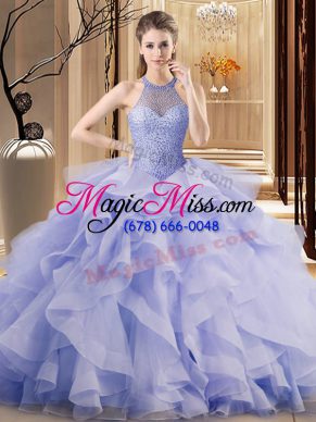 New Style Brush Train Ball Gowns Quinceanera Dress Lavender Halter Top Organza Sleeveless Lace Up