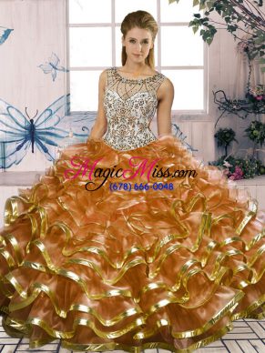 Brown Lace Up Vestidos de Quinceanera Beading and Ruffles Sleeveless Floor Length