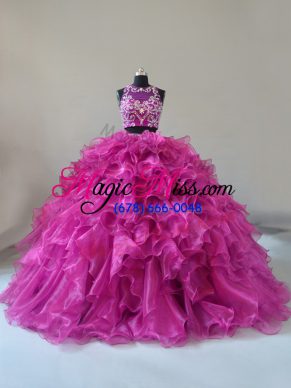 Fuchsia Two Pieces Beading and Ruffles Ball Gown Prom Dress Zipper Organza Sleeveless