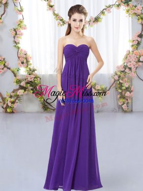 Unique Purple Empire Ruching Court Dresses for Sweet 16 Zipper Chiffon Sleeveless Floor Length