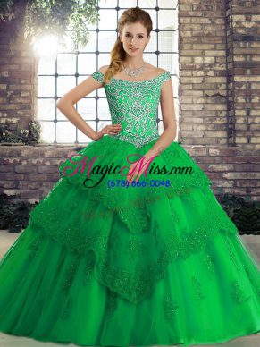 Most Popular Sleeveless Beading and Lace Lace Up 15 Quinceanera Dress with Green Brush Train