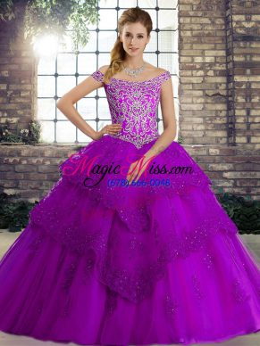 Hot Sale Purple Lace Up Off The Shoulder Beading and Lace Quinceanera Gowns Tulle Sleeveless Brush Train