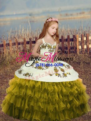 Custom Designed Sleeveless Organza Floor Length Lace Up Kids Pageant Dress in Olive Green with Embroidery and Ruffles