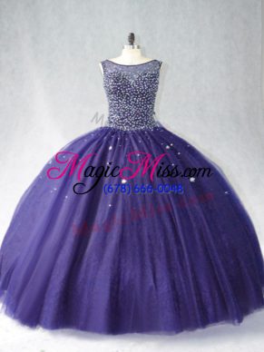 Designer Purple Tulle Zipper Quince Ball Gowns Sleeveless Floor Length Beading