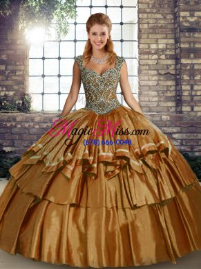 Straps Sleeveless Lace Up 15 Quinceanera Dress Brown Taffeta