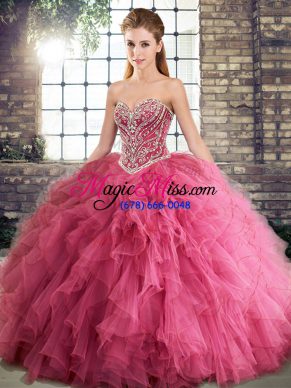 Watermelon Red Ball Gowns Tulle Sweetheart Sleeveless Beading and Ruffles Floor Length Lace Up Quinceanera Gown