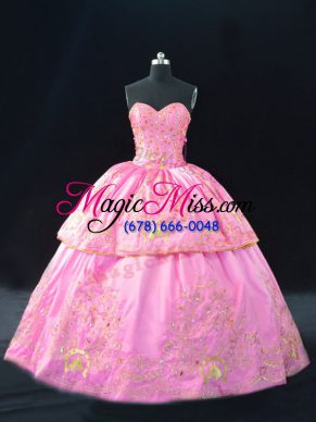 Rose Pink Ball Gowns Embroidery Sweet 16 Dress Lace Up Satin Sleeveless Floor Length