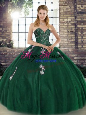 Sweetheart Sleeveless Vestidos de Quinceanera Floor Length Beading and Appliques Green Tulle