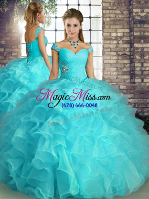 Floor Length Ball Gowns Sleeveless Aqua Blue Ball Gown Prom Dress Lace Up