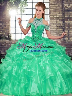 Dramatic Turquoise Sleeveless Floor Length Beading and Ruffles Lace Up Quinceanera Dresses