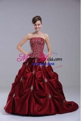 Wine Red Strapless Lace Up Embroidery and Pick Ups Ball Gown Prom Dress Brush Train Sleeveless