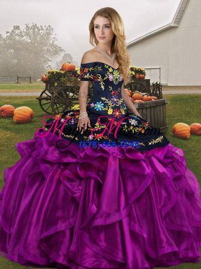 Off The Shoulder Sleeveless Lace Up Quinceanera Gowns Black And Purple Organza