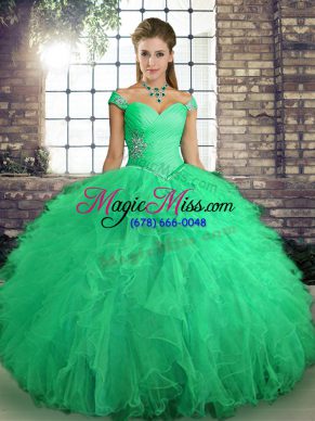 Vintage Turquoise Tulle Lace Up Off The Shoulder Sleeveless Floor Length 15th Birthday Dress Beading and Ruffles