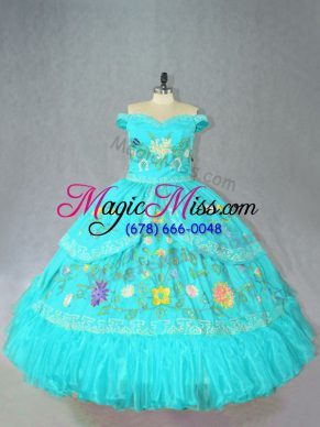 Edgy Floor Length Aqua Blue Sweet 16 Dress Satin Sleeveless Embroidery