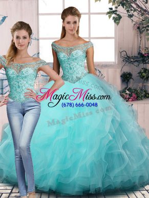 Lovely Aqua Blue Two Pieces Tulle Off The Shoulder Sleeveless Beading and Ruffles Floor Length Lace Up 15 Quinceanera Dress