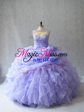 Fantastic Lavender Vestidos de Quinceanera Sweet 16 and Quinceanera with Beading and Ruffles and Pick Ups Scoop Sleeveless Brush Train Lace Up