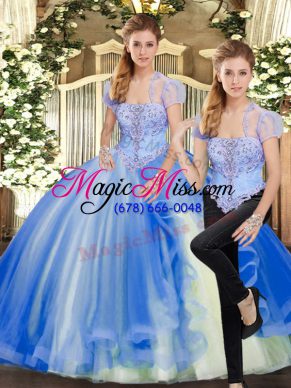 Sexy Floor Length Two Pieces Sleeveless Blue Sweet 16 Dresses Lace Up