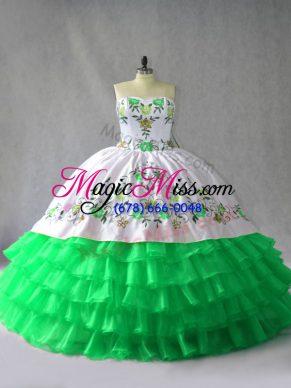 Glorious Green Sleeveless Embroidery and Ruffled Layers Floor Length 15 Quinceanera Dress