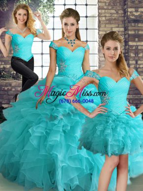 Off The Shoulder Sleeveless Quinceanera Gown Floor Length Beading and Ruffles and Pick Ups Aqua Blue Organza