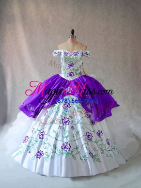 Dynamic White And Purple Sleeveless Floor Length Embroidery and Ruffles Lace Up Quinceanera Gowns