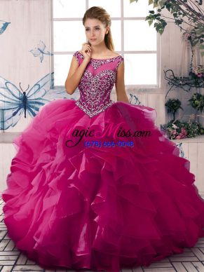 Fuchsia Sleeveless Beading and Ruffles Floor Length Quinceanera Gowns