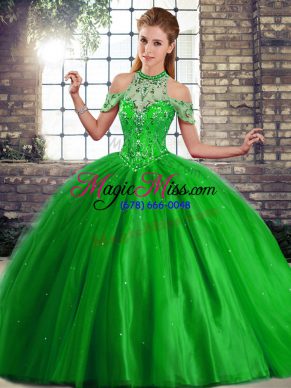 Fashion Lace Up Ball Gown Prom Dress Green for Military Ball and Sweet 16 and Quinceanera with Beading Brush Train