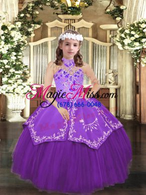 Beautiful Embroidery Kids Pageant Dress Eggplant Purple Lace Up Sleeveless Floor Length