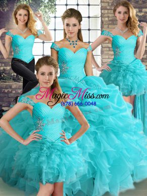 Sleeveless Floor Length Beading and Ruffles and Pick Ups Lace Up Vestidos de Quinceanera with Aqua Blue