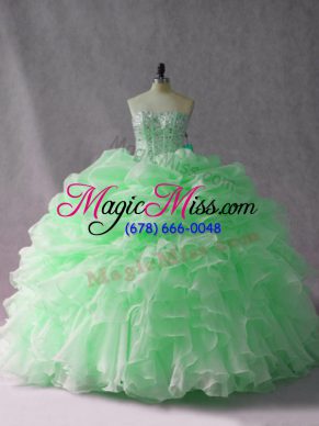 Pretty Beading and Ruffles Sweet 16 Dresses Apple Green Lace Up Sleeveless Brush Train