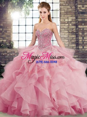 Super Pink Ball Gowns Tulle Sweetheart Sleeveless Beading and Ruffles Lace Up Quinceanera Gown Brush Train