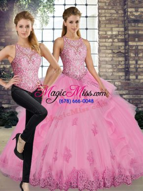 Sleeveless Lace Up Floor Length Lace and Embroidery and Ruffles Quince Ball Gowns