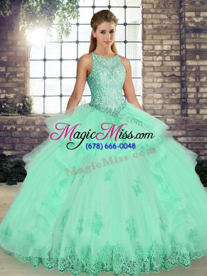 Traditional Apple Green Tulle Lace Up Quinceanera Gowns Sleeveless Floor Length Lace and Embroidery and Ruffles