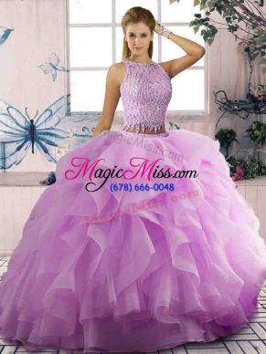 Delicate Lilac Scoop Lace Up Beading and Ruffles Sweet 16 Dresses Sleeveless