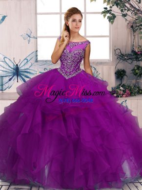 Customized Purple Zipper Scoop Beading and Ruffles 15 Quinceanera Dress Organza Sleeveless