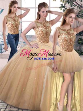 Gold Three Pieces Beading 15th Birthday Dress Lace Up Tulle Sleeveless Floor Length