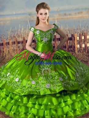 Sophisticated Sleeveless Satin Floor Length Lace Up Quince Ball Gowns in Green with Embroidery and Ruffled Layers