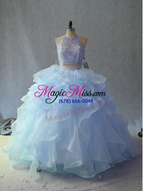 Custom Design Halter Top Sleeveless Backless Beading and Ruffles Sweet 16 Quinceanera Dress in Blue