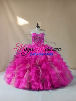 Fuchsia Lace Up Sweet 16 Dresses Beading and Ruffles Sleeveless Floor Length