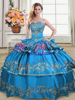 Blue Lace Up Ball Gown Prom Dress Embroidery and Ruffled Layers Sleeveless Floor Length