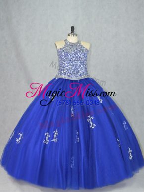 Blue Ball Gowns Tulle Halter Top Sleeveless Beading Floor Length Lace Up Ball Gown Prom Dress