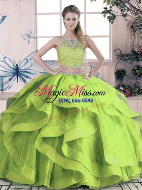 Artistic Floor Length Green Sweet 16 Dresses Tulle Sleeveless Beading and Lace and Ruffles