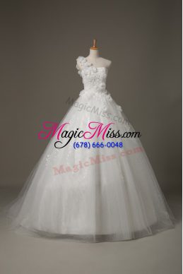 Sumptuous Beading and Lace and Hand Made Flower Wedding Dresses White Lace Up Sleeveless Brush Train