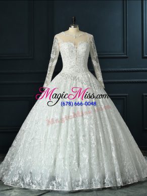 Cheap Long Sleeves Lace Brush Train Zipper Bridal Gown in White with Beading and Lace