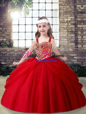 High Quality Red Sleeveless Tulle Lace Up Little Girl Pageant Dress for Party and Sweet 16 and Wedding Party