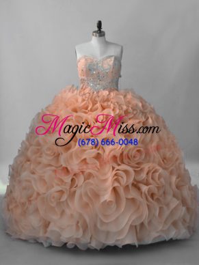 Peach Sleeveless Fabric With Rolling Flowers Brush Train Lace Up Quince Ball Gowns for Sweet 16 and Quinceanera