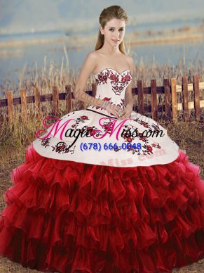 White And Red 15th Birthday Dress Military Ball and Sweet 16 and Quinceanera with Embroidery and Ruffled Layers and Bowknot Sweetheart Sleeveless Lace Up