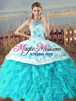 Cute Sleeveless Organza Court Train Lace Up Sweet 16 Quinceanera Dress in Aqua Blue with Embroidery and Ruffles