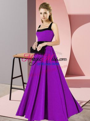 Sleeveless Floor Length Belt Zipper Bridesmaid Gown with Purple